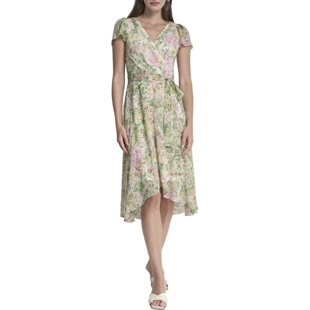 Dkny Womens Faux Wrap Midi Dress, Multicolor